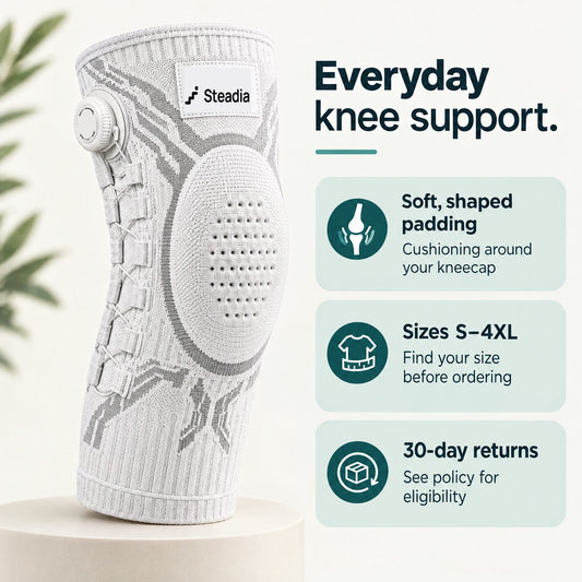 Steadia knee sleeve: soft shaped padding, sizes S to 4XL, 30-day returns