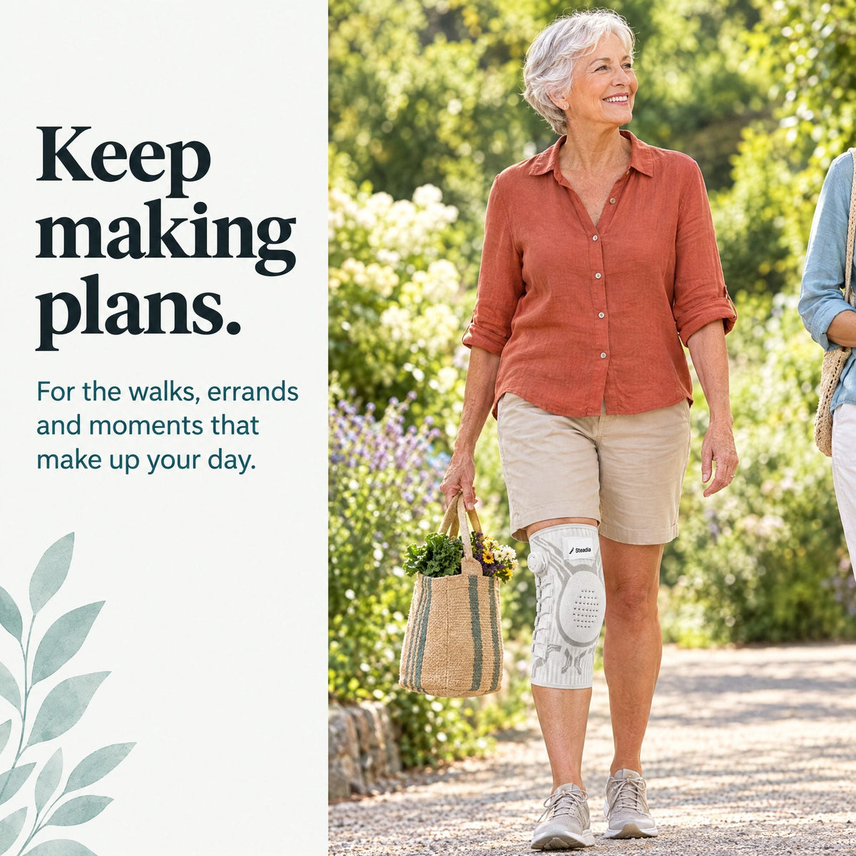 Woman walking with a market bag wearing the Steadia knee sleeve