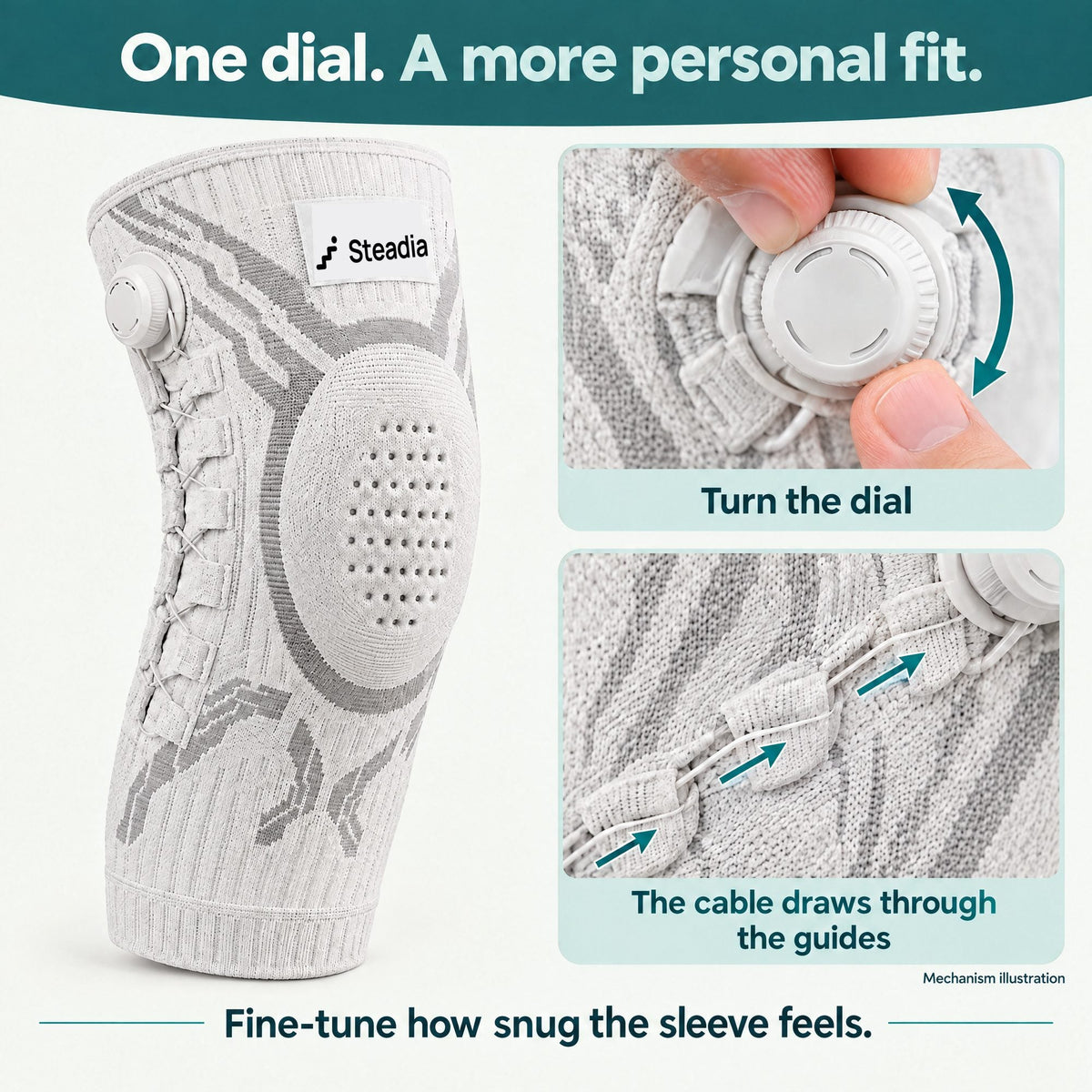 Turn the dial and the cable draws through the guides to fine-tune the fit