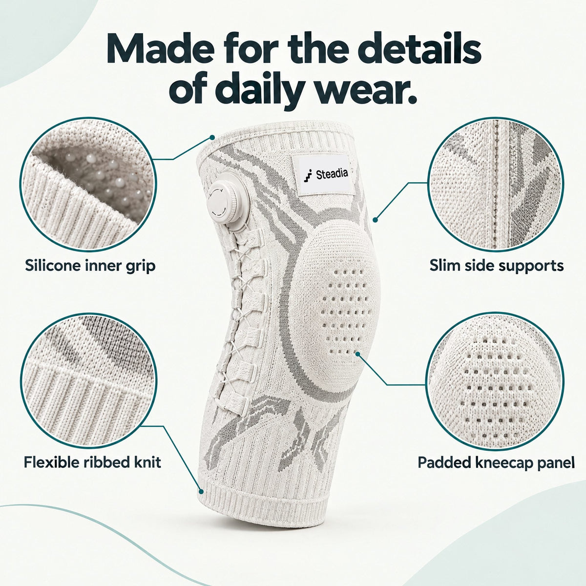 Silicone inner grip, slim side supports, flexible ribbed knit and padded kneecap panel