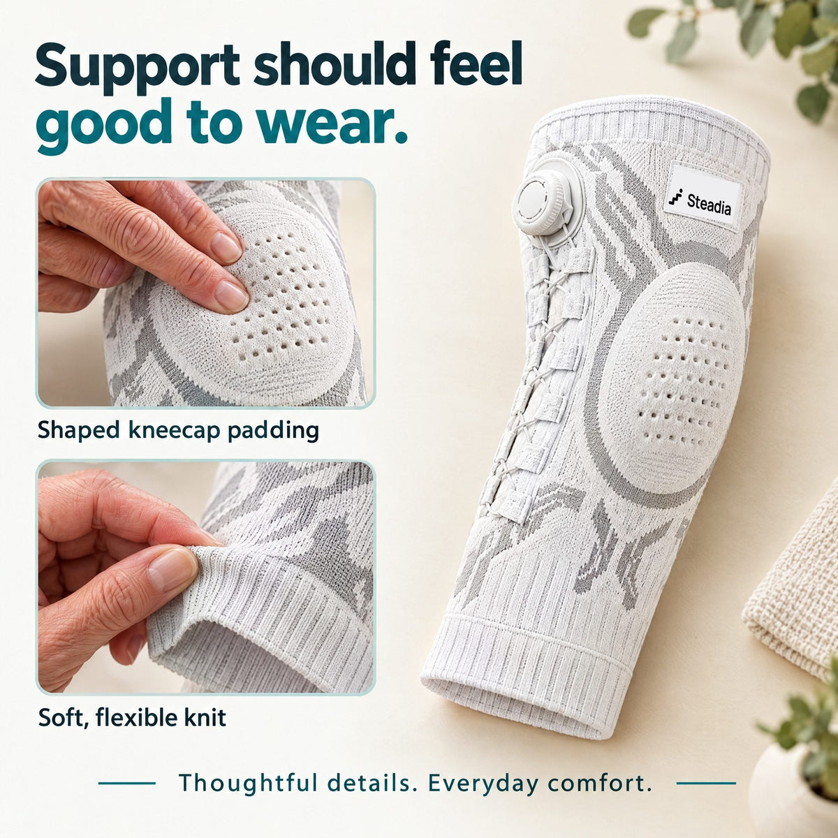 Close-up of the shaped kneecap padding and soft, flexible knit