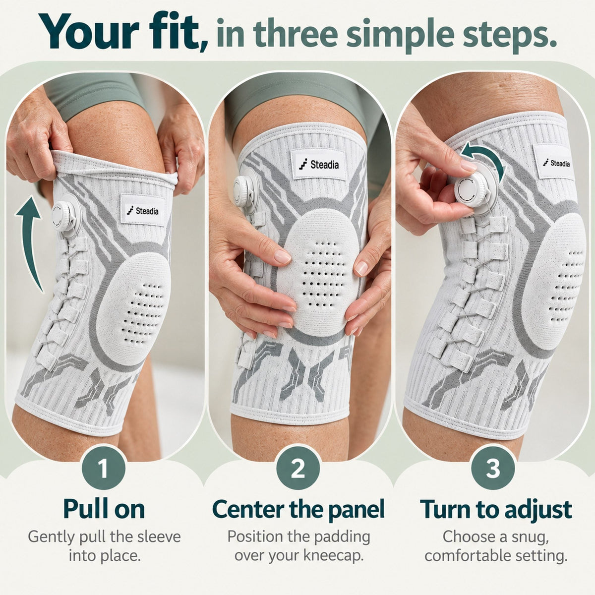 Three steps: pull on, center the panel, turn to adjust