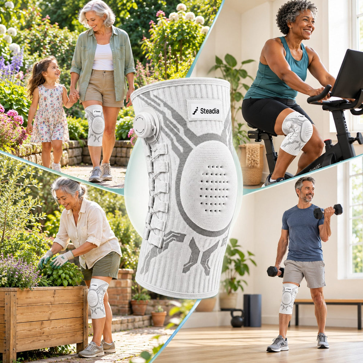 People walking, gardening, cycling and exercising while wearing the Steadia knee sleeve
