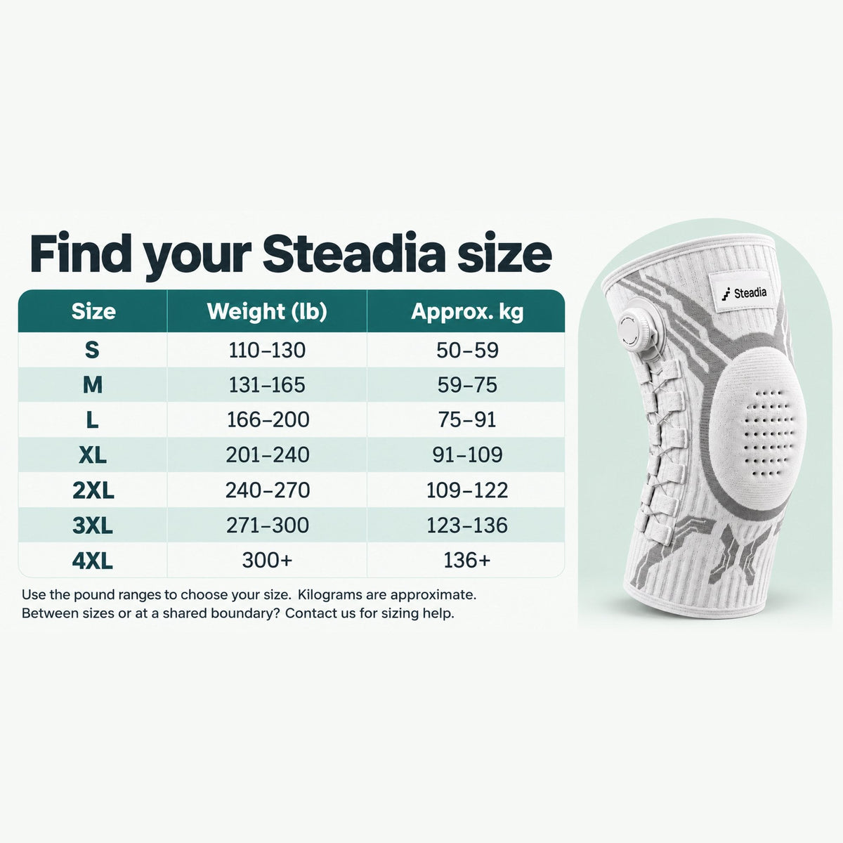 Steadia size chart: S 110-130 lb, M 131-165 lb, L 166-200 lb, XL 201-240 lb, 2XL 240-270 lb, 3XL 271-300 lb, 4XL 300 lb and up