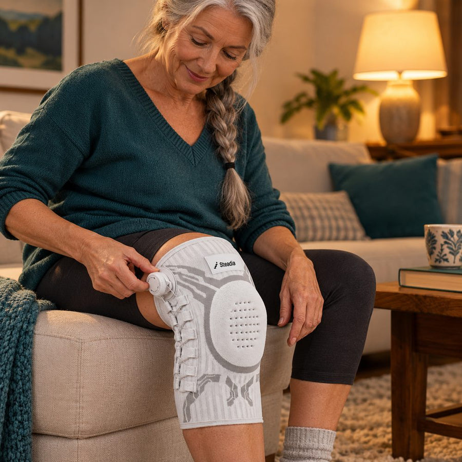 Woman adjusting the Steadia dial while sitting on a sofa
