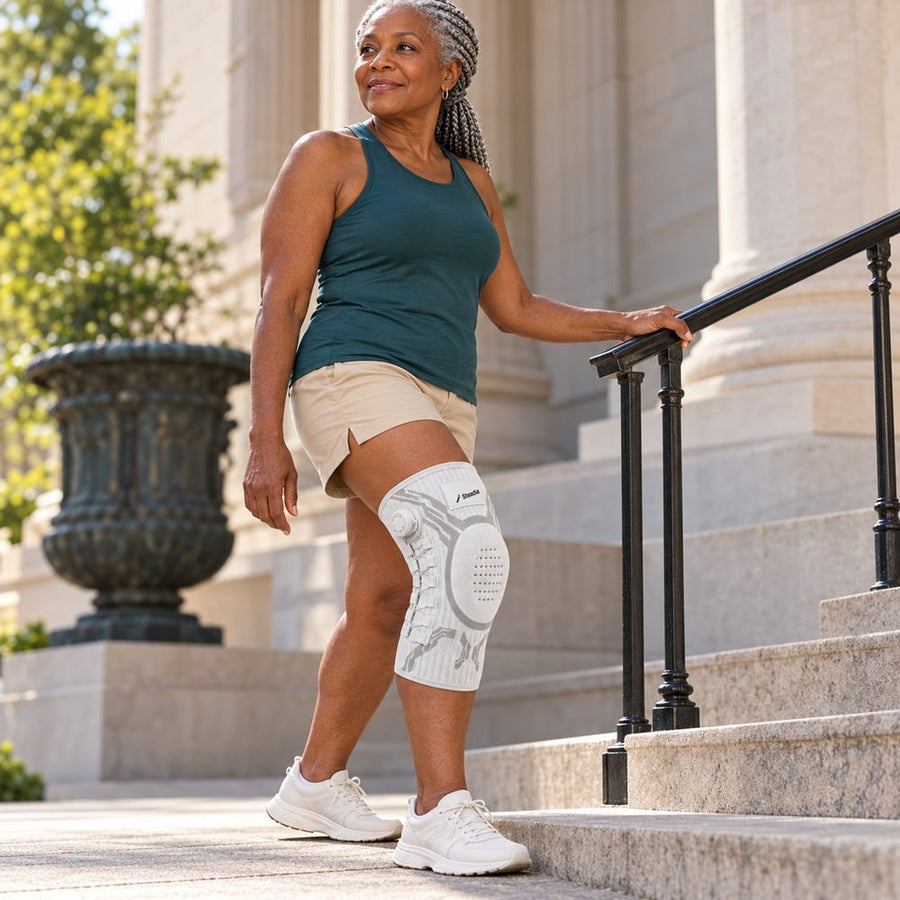 Woman holding a railing on stone stairs wearing the Steadia knee sleeve